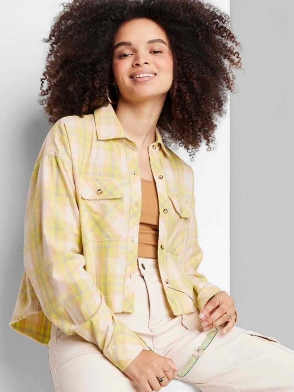 Wild Fable Cropped Boxy Button Up Plaid Shirt Bright Yellow Raw Hem NWT